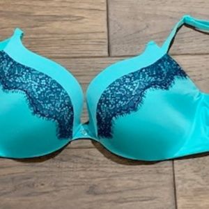 Victoria's Secret Turquoise Blue Lace Push-Up T-Shirt Bra 34B Boudoir Lingerie